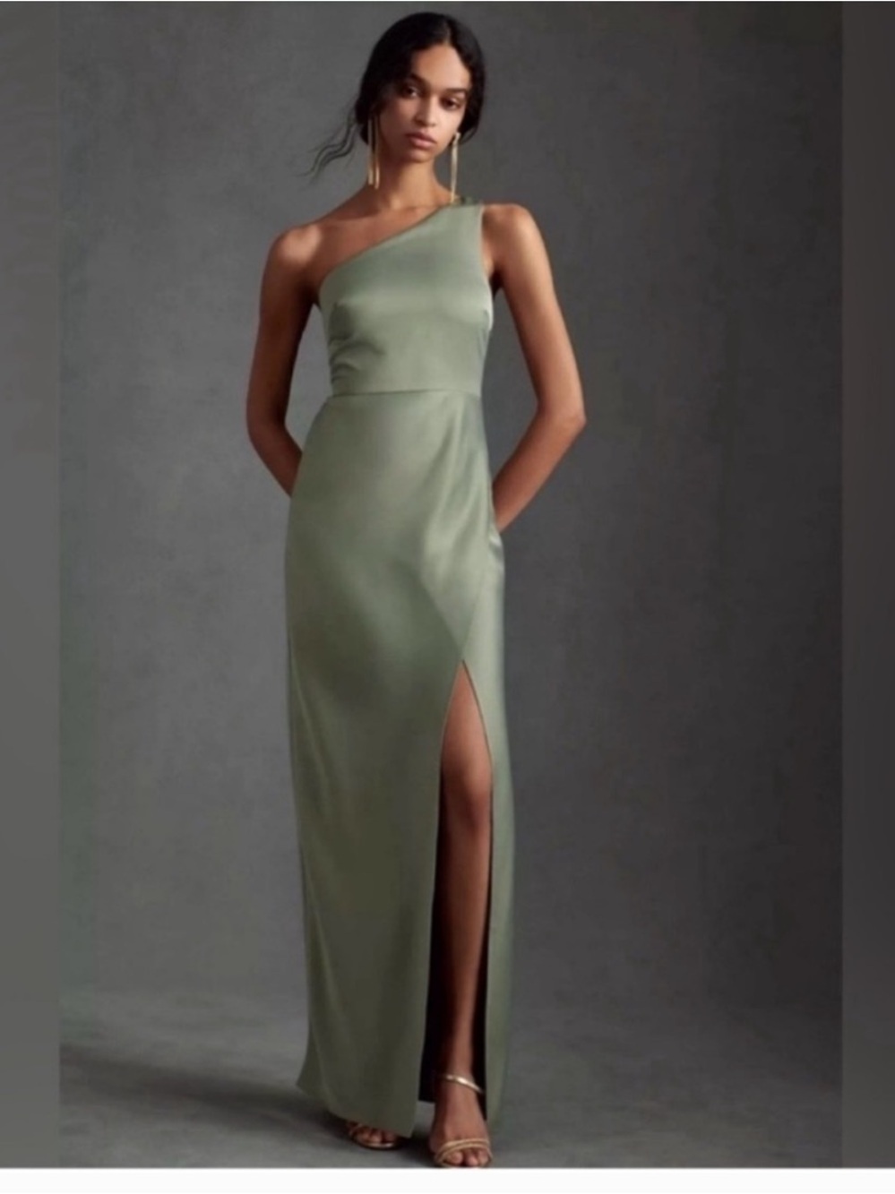 BHLDN Anthropologie Dylan Sage Stretch Satin One-Shoulder Side Slit Dress Small
